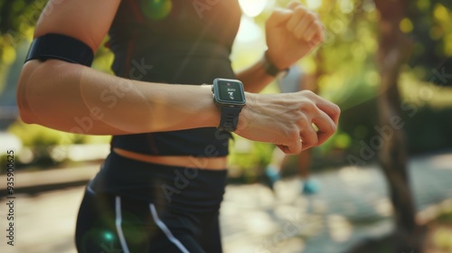 A person jogging in the park is checking their smart watch amid dappled sunlight filtering through trees, highlighting their focus on fitness.