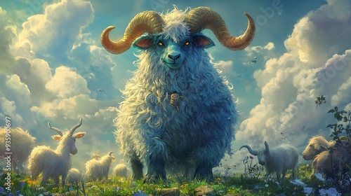 Majestic Blue Ram in a Field of White Sheep