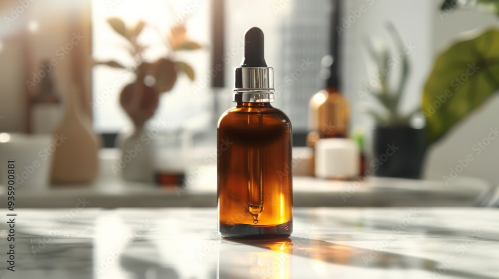 A brown glass dropper bottle sits atop a marble countertop, surrounded by soft light and blurred background elements of a modern, aesthetically pleasing room. A brown glass dropper bottle sits atop a marble countertop, surrounded by soft light and blurred background elements of a modern, aesthetically pleasing room.