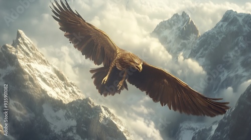 Golden Eagle Soaring Above Snowy Mountains