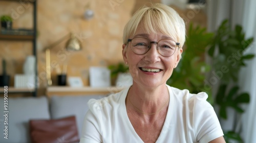 An elderly woman with short blonde hair and glasses smiles warmly at the camera, sitting in a cozy home environment.