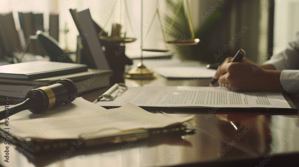 A legal professional signs a document while working at a desk, with law books and scales of justice prominently displayed. A legal professional signs a document while working at a desk, with law books and scales of justice prominently displayed.
