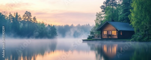 Scenic lake view with a cozy cabin surrounded by misty forest at sunrise, creating a tranquil and peaceful atmosphere.