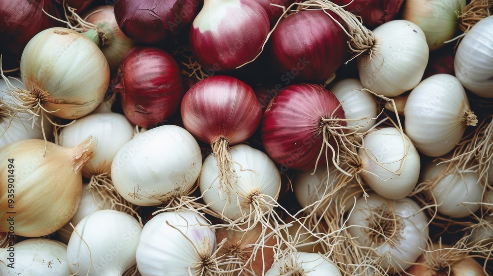 A vibrant assortment of red, white, and yellow onions with tangled roots creates a rich texture and color variation, celebrating the bounty of the harvest. A vibrant assortment of red, white, and yellow onions with tangled roots creates a rich texture and color variation, celebrating the bounty of the harvest.