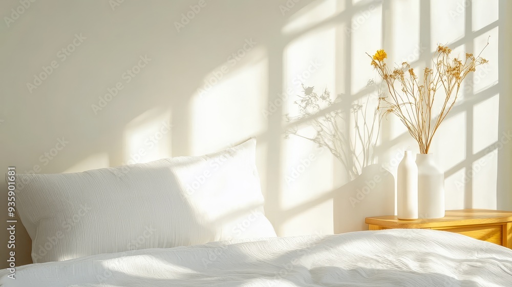 Sunlight Streaming Through Window onto a Crisp White Bed - A serene bedroom with a white bed, fluffy pillows, and soft sunlight streaming through a window, creating warm shadows on the bed and a vase Sunlight Streaming Through Window onto a Crisp White Bed - A serene bedroom with a white bed, fluffy pillows, and soft sunlight streaming through a window, creating warm shadows on the bed and a vase
