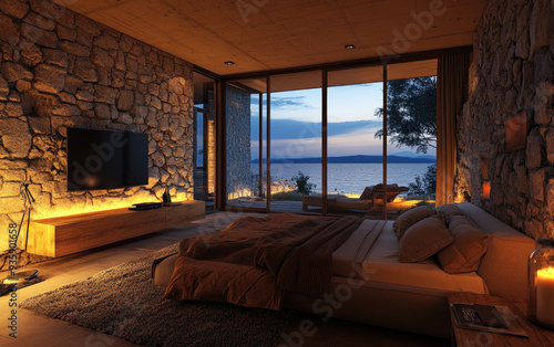 An interior design of the bedroom in a modern style, with stone walls and large windows overlooking Lake Constance, with night lighting.. Created with AI