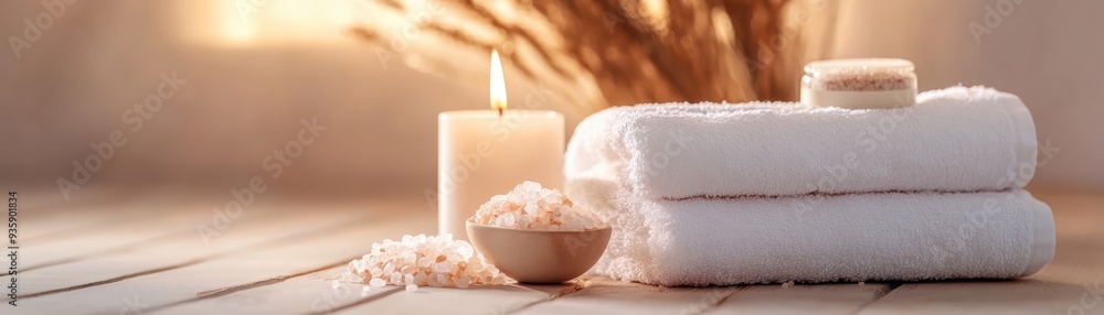 Serene spa setting with white towels, a lit candle, and bath salts on a wooden surface, creating a relaxing ambiance. Serene spa setting with white towels, a lit candle, and bath salts on a wooden surface, creating a relaxing ambiance.