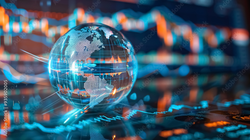 Crystal Earth on a stock market graph - Global economy concept. Crystal Earth on a stock market graph - Global economy concept.