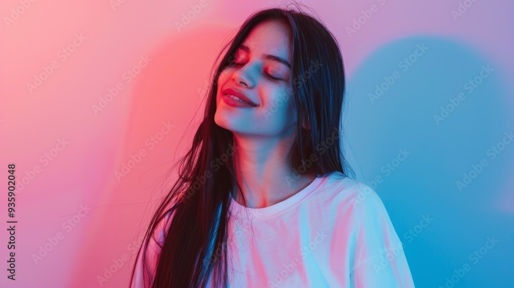A young woman in a white shirt enjoying the soft blend of pink and blue lighting, smiling and eyes closed, radiating tranquility and contentment. A young woman in a white shirt enjoying the soft blend of pink and blue lighting, smiling and eyes closed, radiating tranquility and contentment.