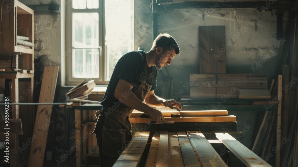 A dedicated carpenter works intently on a piece of wood in a sunlit workshop filled with wooden planks and tools. A dedicated carpenter works intently on a piece of wood in a sunlit workshop filled with wooden planks and tools.