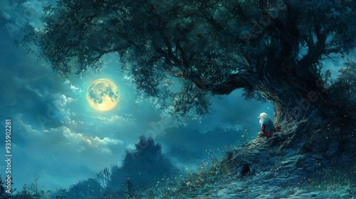 A Solitary Figure Under a Full Moon