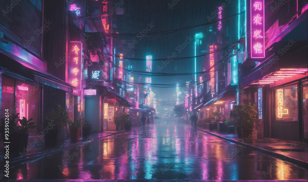 A wet city street is illuminated by neon signs at night A wet city street is illuminated by neon signs at night