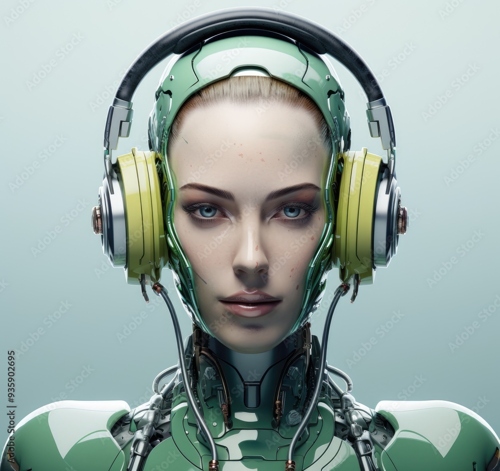 A beautiful, female-presenting robot with headphones,generative ai A beautiful, female-presenting robot with headphones,generative ai
