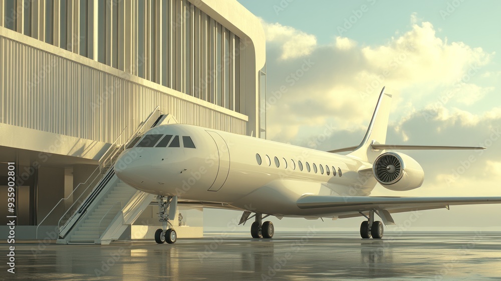 Private Jet Parked at a Modern Airport Terminal