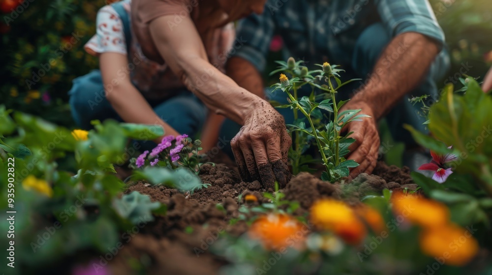 Naklejka premium Family Gardening: The family engages in gardening, planting flowers and veggies, hands covered in soil, relishing the tranquil rhythm and bonding with nature. 