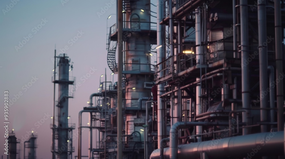 Majestic industrial towers of a refinery silhouetted against a twilight sky, highlighting the complexity and scale of heavy industry. Majestic industrial towers of a refinery silhouetted against a twilight sky, highlighting the complexity and scale of heavy industry.