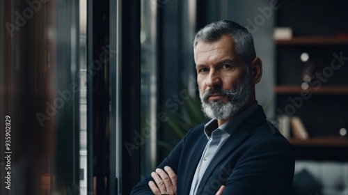 A poised, bearded businessman in a modern office setting looks confidently at the camera, embodying professionalism and experience.