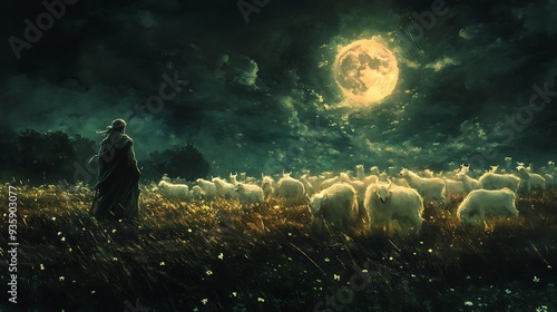 A Solitary Figure Watches Over a Flock of Sheep Under the Moonlight