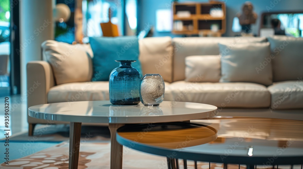 Close-up of a coffee table set displayed in a contemporary furniture showroom. Close-up of a coffee table set displayed in a contemporary furniture showroom.