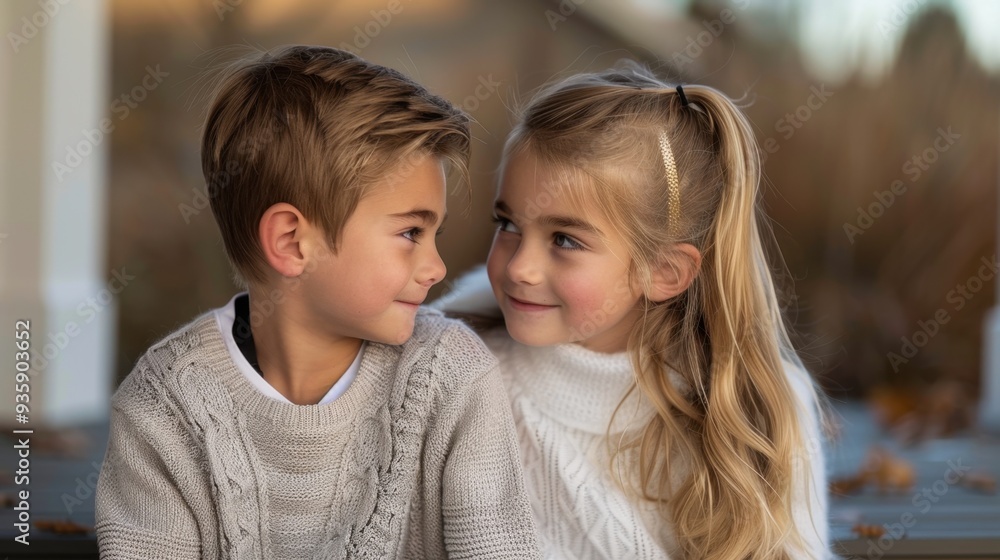 Sibling Bond: The front porch is filled with laughter as two siblings share secrets, their close relationship shown in their smiling faces and affectionate body language.
