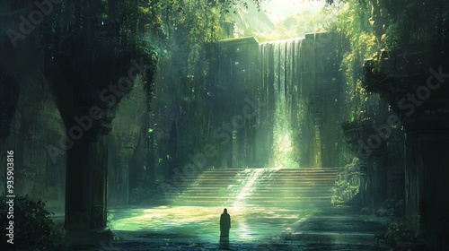 A Solitary Figure at the Base of a Lush Waterfall