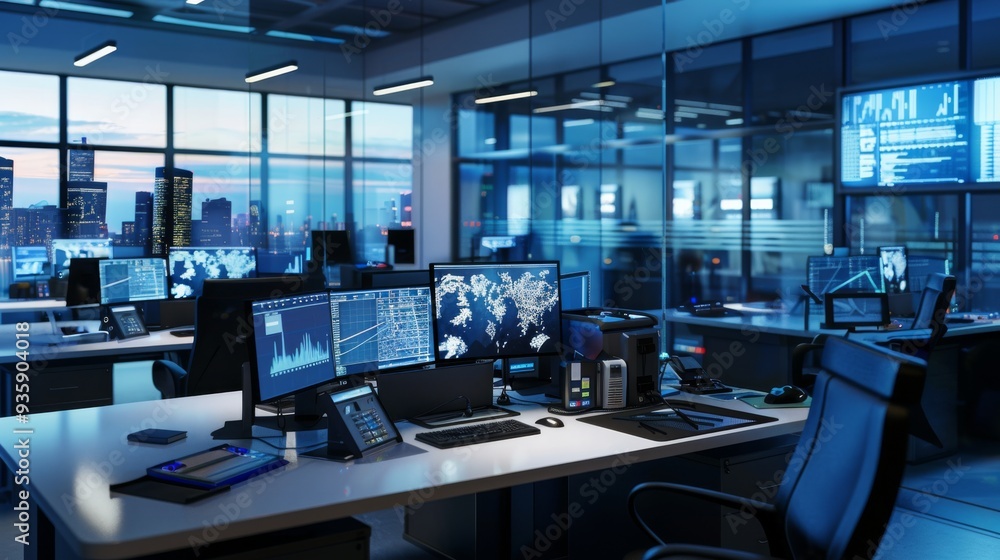 A sleek office environment with numerous computer stations displaying various global data, conveying a sense of modernity and technological advancement. A sleek office environment with numerous computer stations displaying various global data, conveying a sense of modernity and technological advancement.