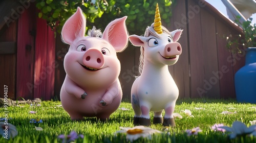 Pig and Unicorn Friends in a Sunny Meadow