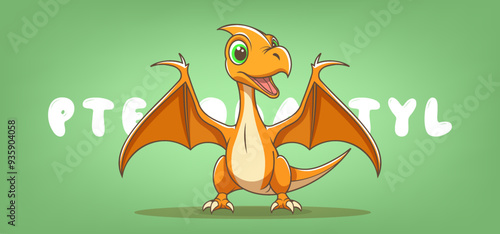 Vector orange cartoon cute funny baby pterodactyl with spread wings. Fossil ancient prehistoric toon animal. Carnivorous pterosaur of Jurassic period. Flying reptile. Green background.