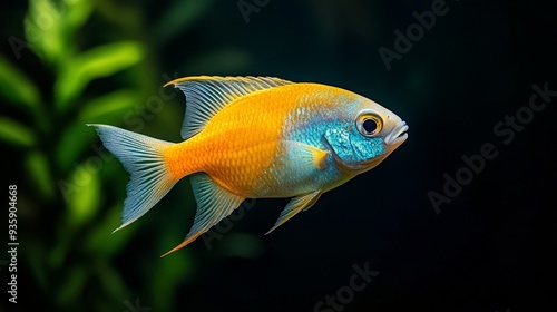 Vibrant Blue and Orange Fish in Aquarium - A striking blue and orange fish swims gracefully through the water, showcasing its vibrant colors against a dark background. The fish symbolizes life, beauty