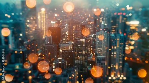 Sparkling cityscape in the evening with warm, glowing bokeh lights, creating a magical, dreamy effect over the urban skyline.