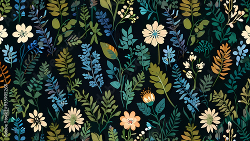 flat vector pattern with a botanical theme, Include different types of leaves, flowers, and branches in a repeating arrangement