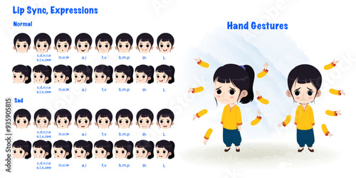 Girl cartoon character set . Cartoon character model sheet. Cartoon character creation set with sad face expression and all hand gesture. Front sad standing pose and 1/3 standing pose.