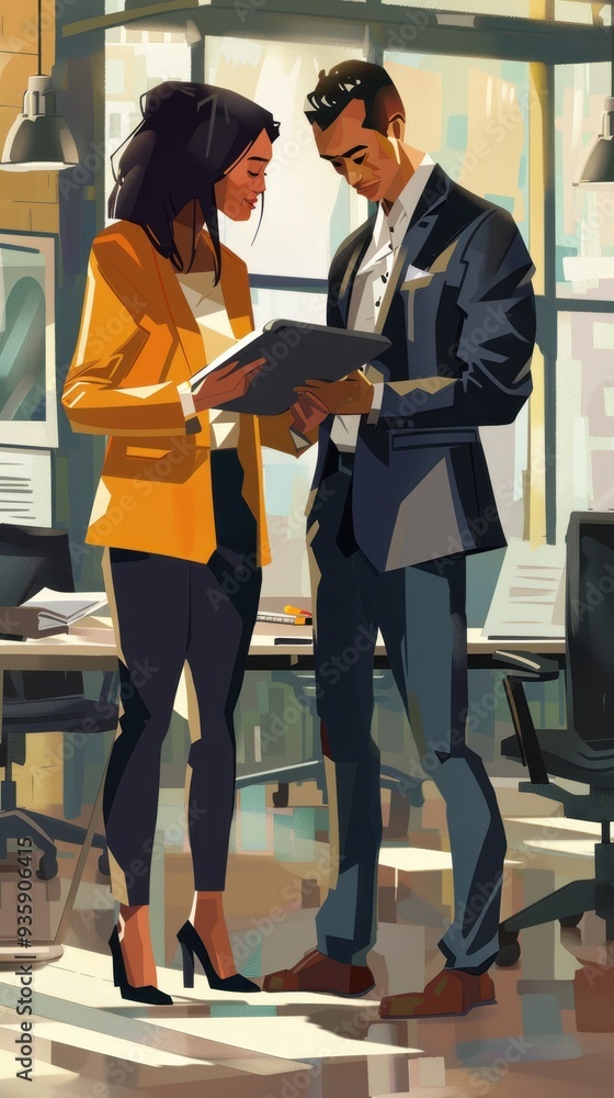Two diverse business partners discuss a project while standing in a contemporary office environment filled with natural light Two diverse business partners discuss a project while standing in a contemporary office environment filled with natural light