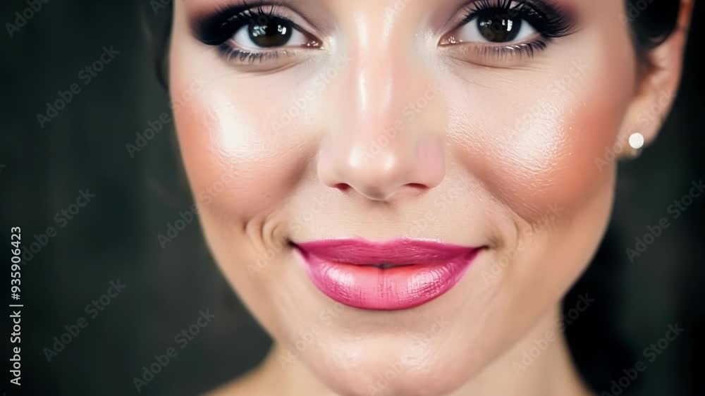 Stunning young woman with flawless makeup and a lovely pink lipstick smiles confidently, radiating beauty and elegance, embodying happiness and grace Stunning young woman with flawless makeup and a lovely pink lipstick smiles confidently, radiating beauty and elegance, embodying happiness and grace