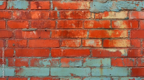 Weathered Red Brick Wall with Peeling Blue Paint - A close-up of an old brick wall with red bricks and peeling blue paint. The texture and color create a sense of age, history, and urban decay.