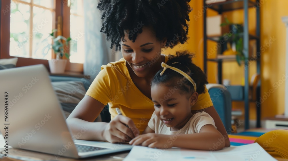 A joyful mother and daughter bond while working together on a laptop in a cozy, sunlit room adorned with plants. A joyful mother and daughter bond while working together on a laptop in a cozy, sunlit room adorned with plants.
