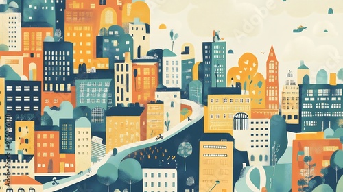 A Cityscape with Buildings, Trees, and a Winding Road