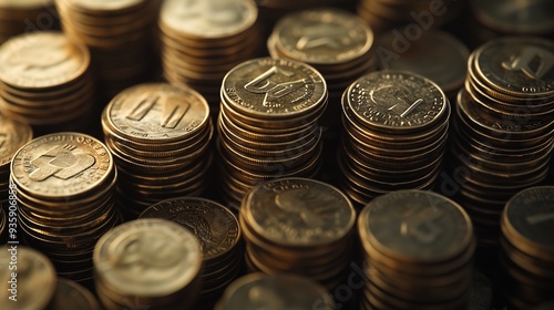 Close-up of stacks of coins, gold and silver currency.