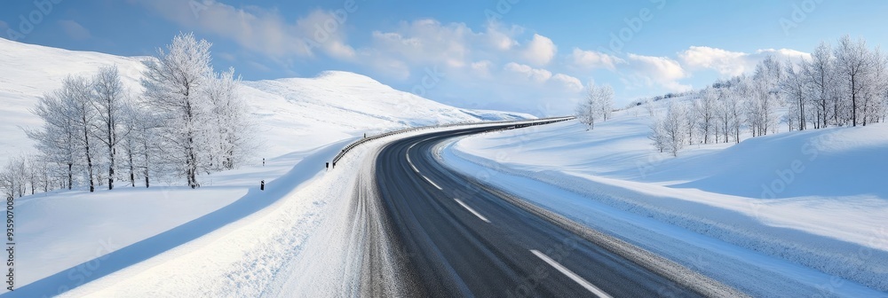 Winding Snowy Road Through a Winter Wonderland - A scenic winter road curves through a snowy landscape, with snow-covered trees lining the sides and a bright blue sky overhead. The image evokes a sens Winding Snowy Road Through a Winter Wonderland - A scenic winter road curves through a snowy landscape, with snow-covered trees lining the sides and a bright blue sky overhead. The image evokes a sens