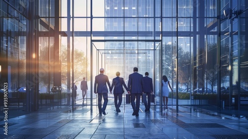 A group of business professionals in suits walks together through a contemporary office entrance as sunlight filters through glass walls, creating a vibrant atmosphere photo