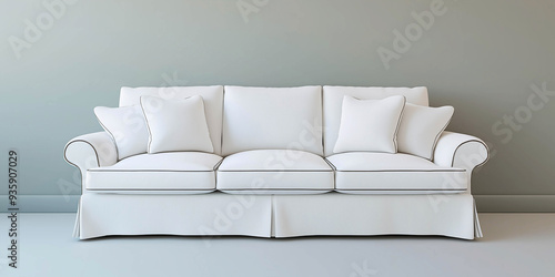 Beautiful, large, modern white sofa on a light background. Minimalism. Advertising banner.