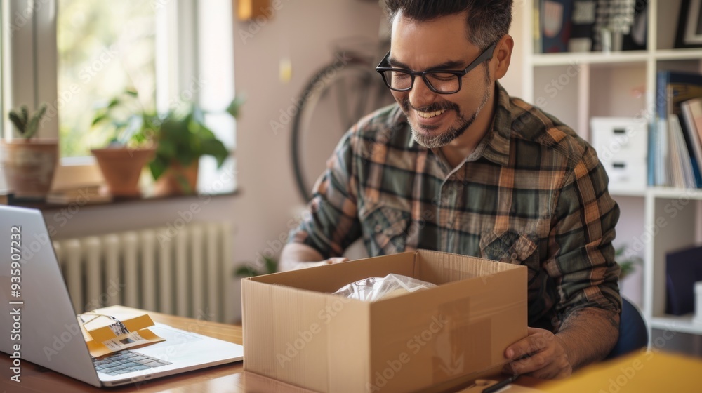 A man with glasses and a beard smiles as he opens a cardboard box, likely receiving a package at home, with an office setup in the background. A man with glasses and a beard smiles as he opens a cardboard box, likely receiving a package at home, with an office setup in the background.