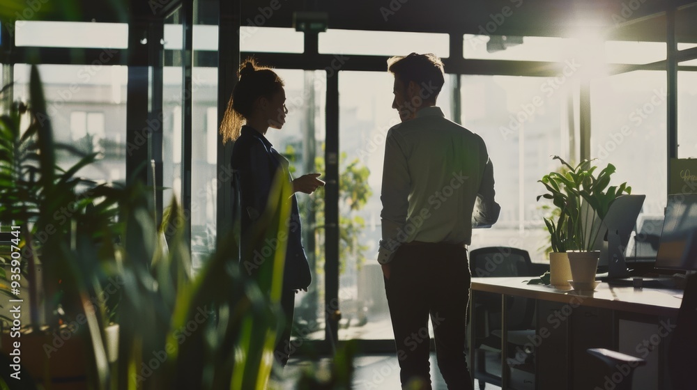 Two professionals are engaged in a discussion in a sunlit office surrounded by green plants, creating a productive and calming work environment. Two professionals are engaged in a discussion in a sunlit office surrounded by green plants, creating a productive and calming work environment.