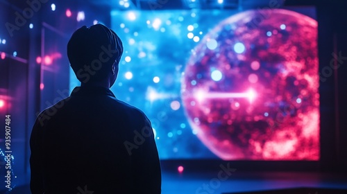 Silhouette of a Person Gazing at a Futuristic Display