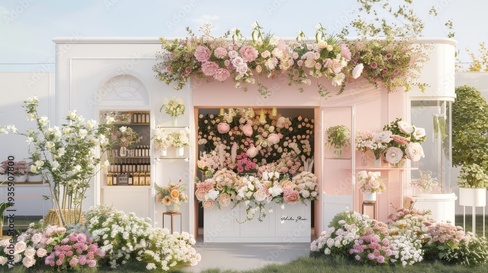 Flower shop facade with pink and white flowers. Flower shop facade with pink and white flowers.