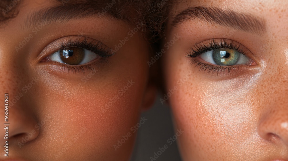 Fototapeta premium Two women stand side by side, highlighting the detail in their eyes and skin tones, emphasizing diversity and beauty.
