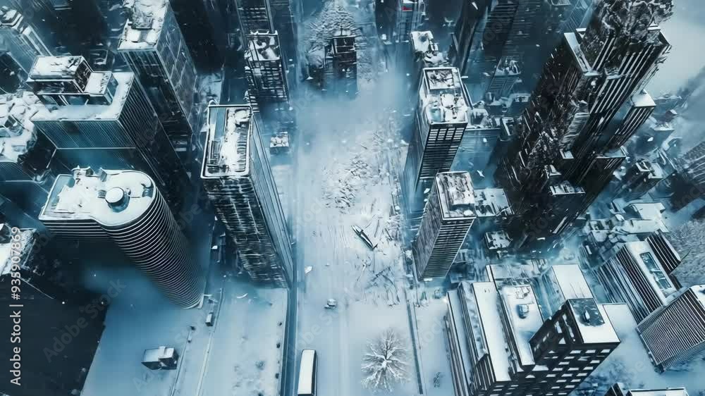 Snow-covered frozen cityscape from above with tall buildings in winter morning light, ecological disaster Snow-covered frozen cityscape from above with tall buildings in winter morning light, ecological disaster