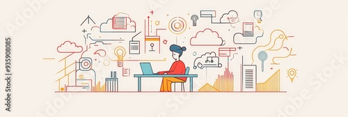 Woman working on laptop with many icons around her - A woman sitting at a desk working on a laptop with many icons surrounding her, symbolizing technology, business, innovation, connection, and produc