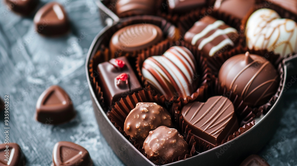A heart-shaped box of chocolates, with a single chocolate slightly tilted out A heart-shaped box of chocolates, with a single chocolate slightly tilted out