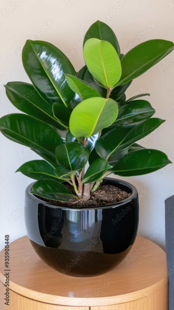 A black flower pot holds a lush green plant, elegantly placed on a warm wooden table, contrasting beautifully with the textured gray stucco wall behind it A black flower pot holds a lush green plant, elegantly placed on a warm wooden table, contrasting beautifully with the textured gray stucco wall behind it